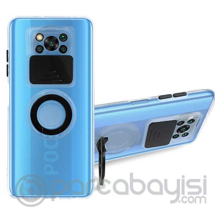 Ally Xiaomi POCO X3 NFC Kılıf Sürgülü Kamera Lens Korumalı Yüzük Standlı Silikon Kılıf
