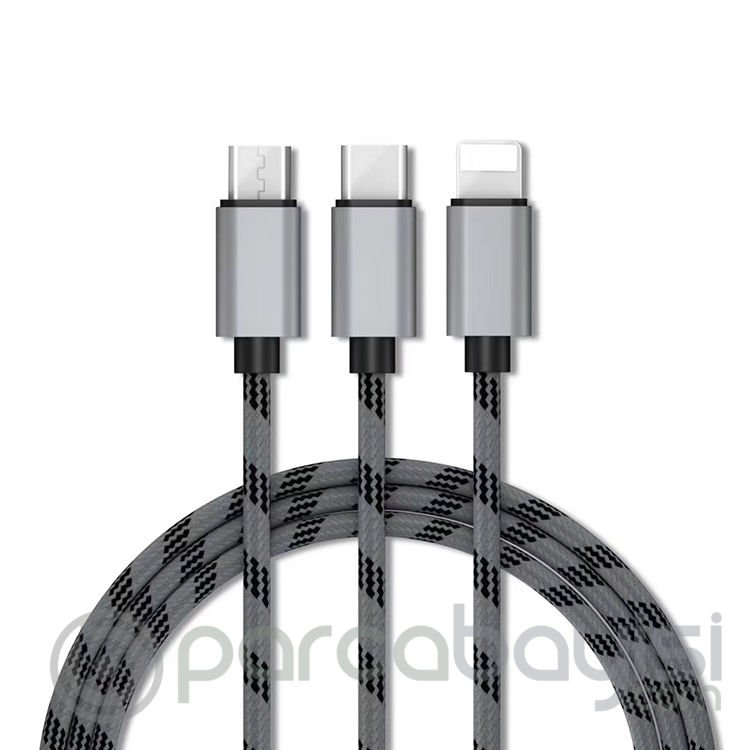 Ally Type-C İPhone Ve Micro Usb 2.4A Hızlı Şarj 3in1 Halat Usb Kablo