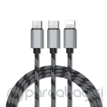 Ally Type-C İPhone Ve Micro Usb 2.4A Hızlı Şarj 3in1 Halat Usb Kablo