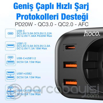 HOCO NS3 Multifonksiyonel Type-C + 2 USB + 240V Mega Hızlı Şarj Adaptörü Priz