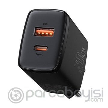 Baseus Compact 20W USB + TYPE-C Çıkışlı QC3.0 Hızlı Şarj Başlığı Şarj Aleti