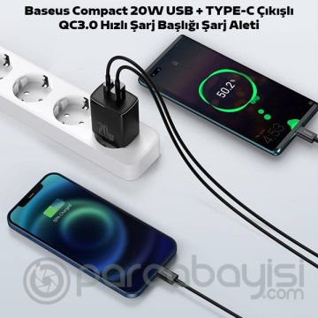 Baseus Compact 20W USB + TYPE-C Çıkışlı QC3.0 Hızlı Şarj Başlığı Şarj Aleti