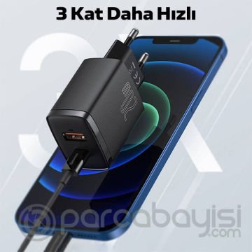 Baseus Compact 20W USB + TYPE-C Çıkışlı QC3.0 Hızlı Şarj Başlığı Şarj Aleti