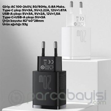 Baseus Compact 20W USB + TYPE-C Çıkışlı QC3.0 Hızlı Şarj Başlığı Şarj Aleti