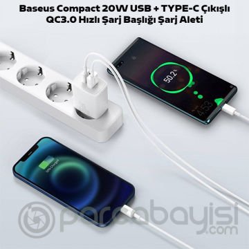 Baseus Compact 20W USB + TYPE-C Çıkışlı QC3.0 Hızlı Şarj Başlığı Şarj Aleti