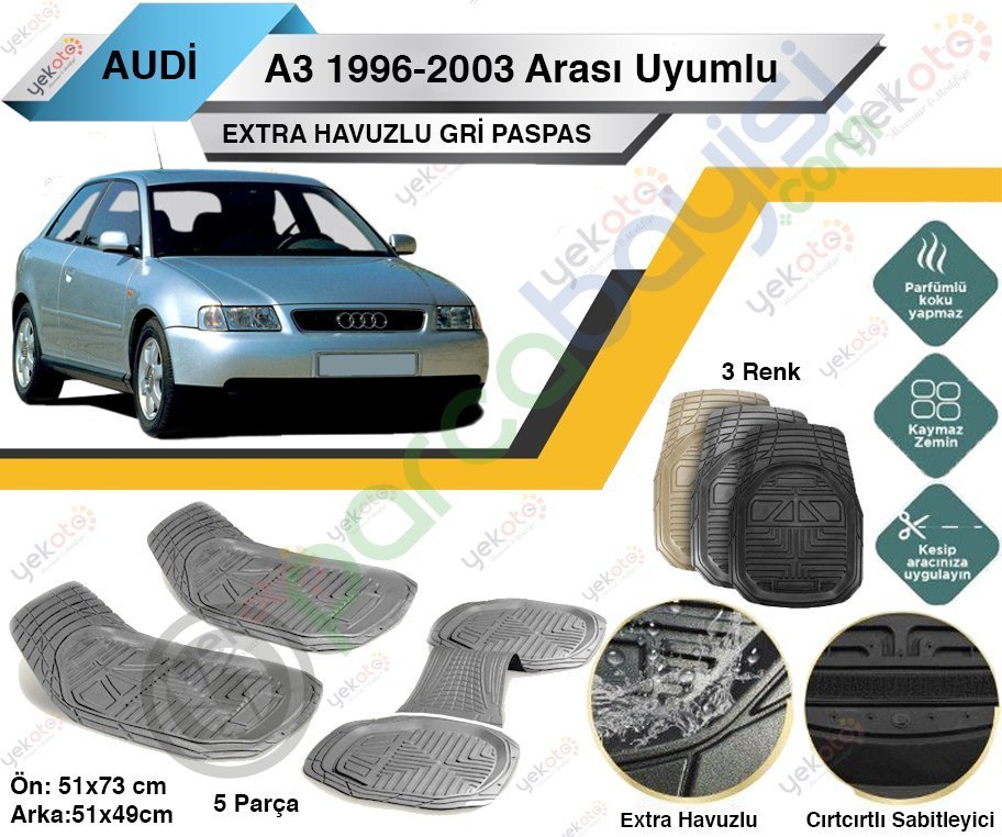 Audi A3 1996-2003 Arası Uyumlu Extra Havuzlu Kesilebilir Gri Paspas