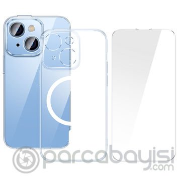 Baseus Crystal iPhone 14 6.1 Magsafe Silikon Kılıf + Tempered Ekran Koruyucu Set