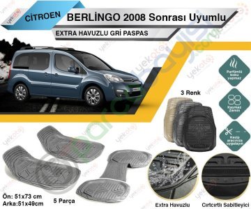 Citroen Berlingo 2008 Sonrası Uyumlu Extra Havuzlu Kesilebilir Gri Paspas