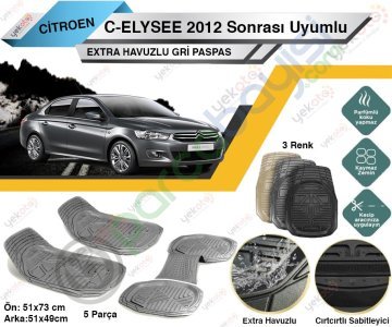 Citroen C-Elysee 2012 Sonrası Uyumlu Extra Havuzlu Kesilebilir Gri Paspas