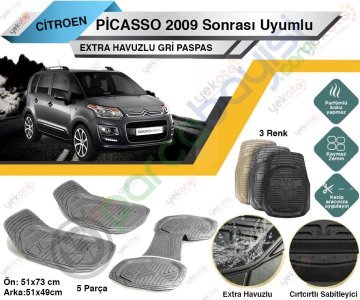 Citroen C3 Picasso 2009 Sonrası Uyumlu Extra Havuzlu Kesilebilir Gri Paspas