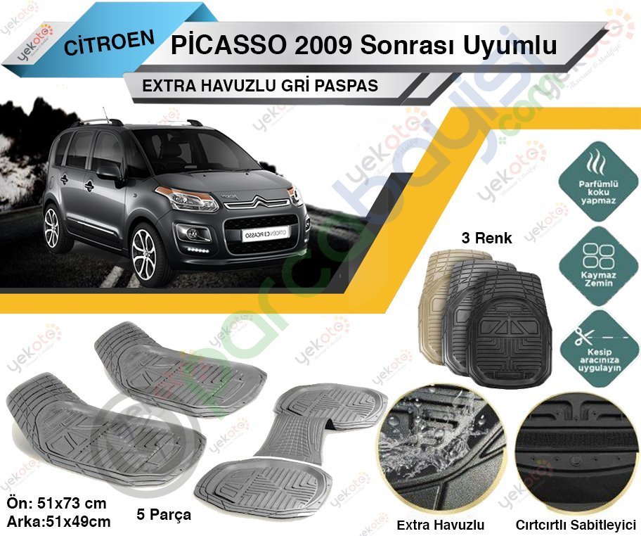 Citroen C3 Picasso 2009 Sonrası Uyumlu Extra Havuzlu Kesilebilir Gri Paspas