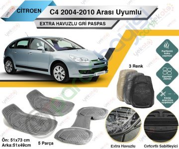 Citroen C4 2004-2010 Arası Uyumlu Extra Havuzlu Kesilebilir Gri Paspas