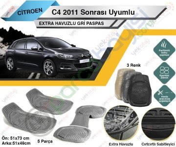 Citroen C4 2011 Sonrası Uyumlu Extra Havuzlu Kesilebilir Gri Paspas