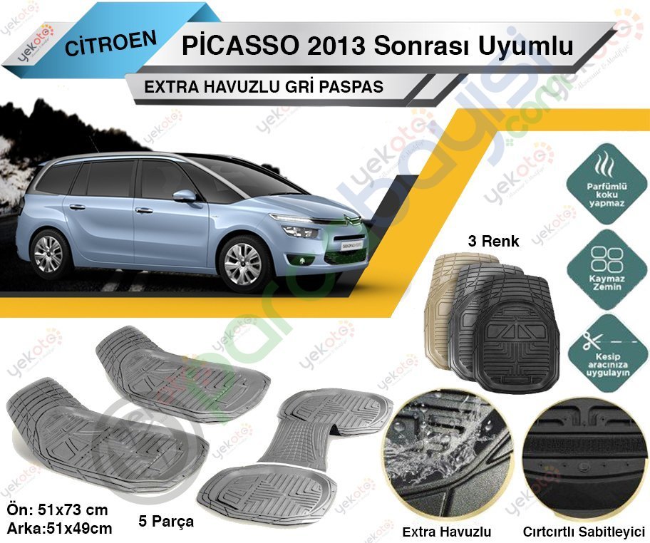 Citroen C4 Picasso 2013 Sonrası Uyumlu Extra Havuzlu Kesilebilir Gri Paspas