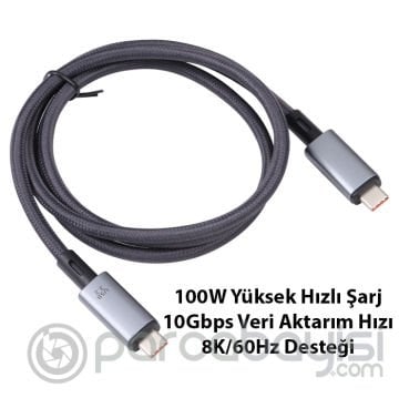 Ally USB 3.2 100W Type-C to Type-C 8K Görüntü-Data ve Ultra Hızlı Şarj Kablosu 1 Metre