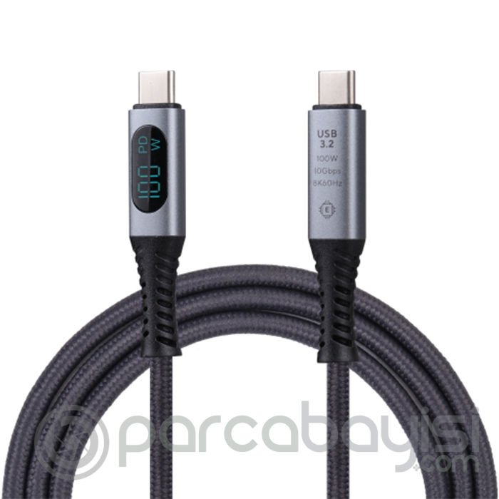 Ally USB. 3.2 100W Type-C to Type-C Dijital Göstergeli 8K Görüntü-Data ve Hızlı Şarj Kablosu 1m