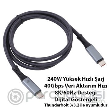 Ally USB 4.0 240W Type-C to Type-C Dijital Göstergeli 8K Görüntü-Data ve Hızlı Şarj Kablosu 1m