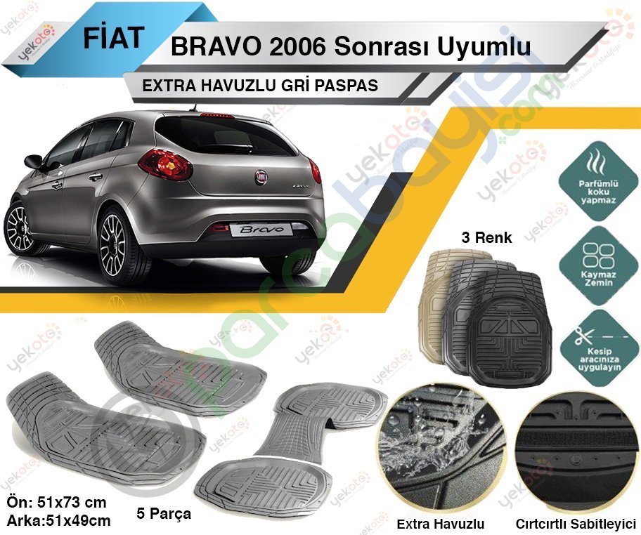 Fiat Bravo 2006 Sonrası Uyumlu Extra Havuzlu Kesilebilir Gri Paspas