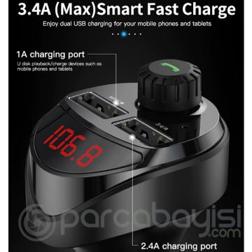 KUULAA Bluetooth Aktarım Mp3 Araç Kiti Dual Usb Araç Şarjı