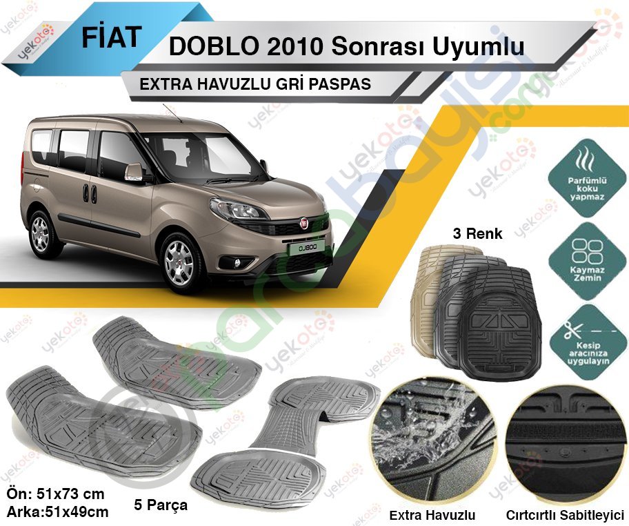 Fiat Doblo 2010 Sonrası Uyumlu Extra Havuzlu Kesilebilir Gri Paspas