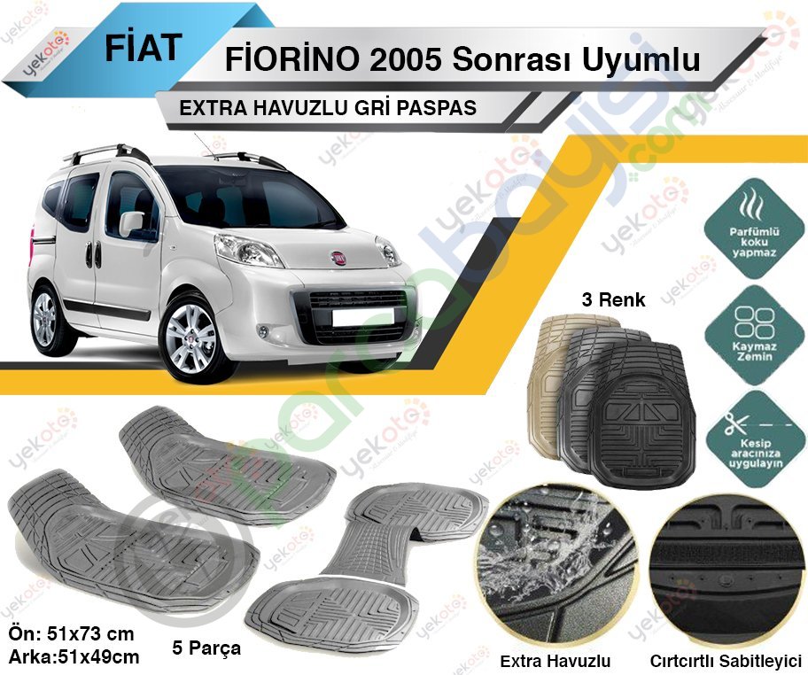 Fiat Fiorino 2005 Sonrası Uyumlu Extra Havuzlu Kesilebilir Gri Paspas