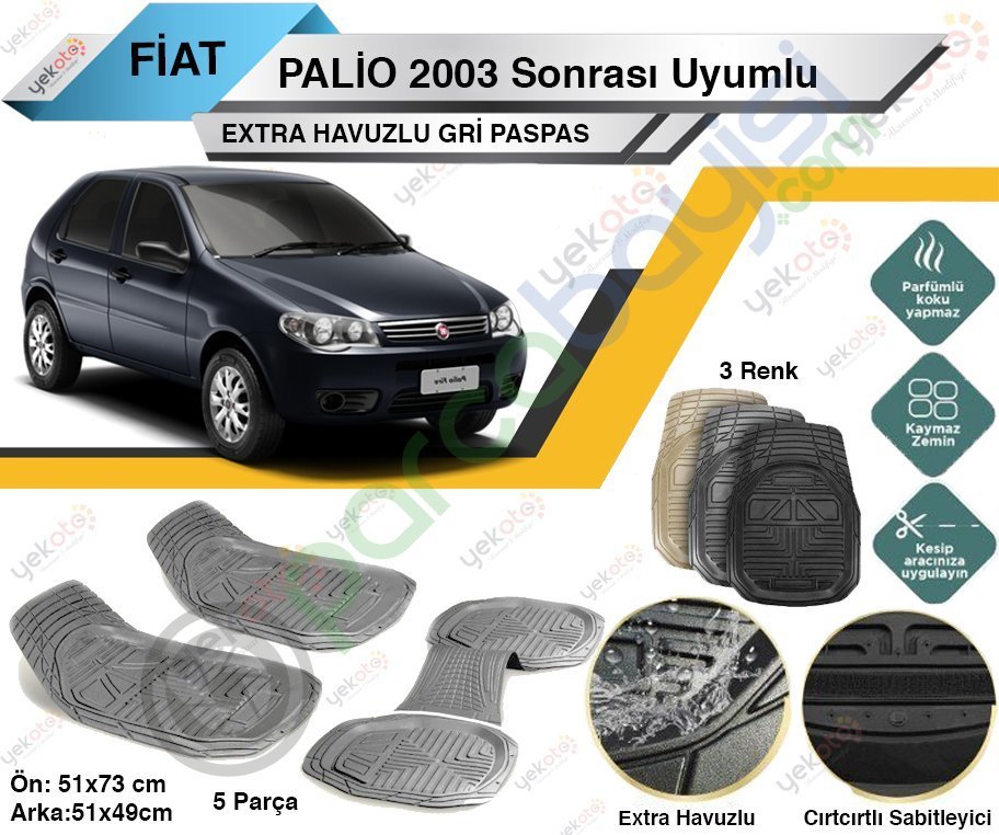Fiat Palio 2003 Sonrası Uyumlu Extra Havuzlu Kesilebilir Gri Paspas