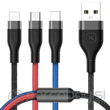 KUULAA 3in1 Type-C+İPhone+Micro Kısa Usb Şarj Kablsu 1.2metre