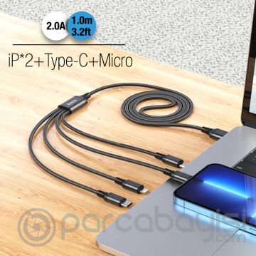 HOCO X76 4in1 Type-C + iPhone Lightning + Micro USB 2A Şarj Kablosu