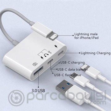 İPhone-Otg Hub -Usb Type C To Kulaklık ve Usb Kamera Okuyucu Otg