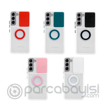 SM Galaxy S21 - S30 Kılıf Sürgülü Kamera Lens Korumalı Yüzük Standlı Silikon Kılıf