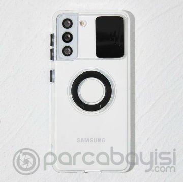 SM Galaxy S21 - S30 Kılıf Sürgülü Kamera Lens Korumalı Yüzük Standlı Silikon Kılıf