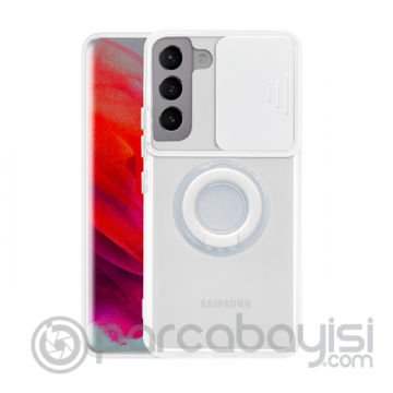 SM Galaxy S21 - S30 Kılıf Sürgülü Kamera Lens Korumalı Yüzük Standlı Silikon Kılıf