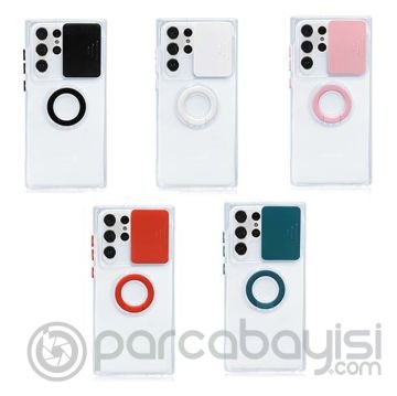 SM Galaxy S22 Ultra Kılıf Sürgülü Kamera Lens Korumalı Yüzük Standlı Silikon Kılıf