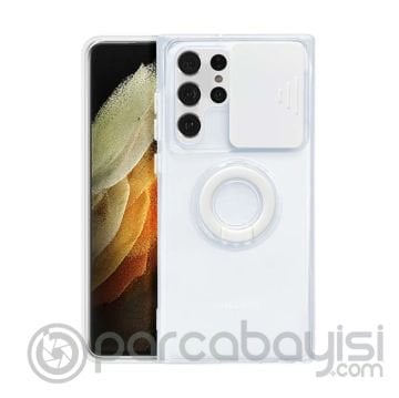 SM Galaxy S22 Ultra Kılıf Sürgülü Kamera Lens Korumalı Yüzük Standlı Silikon Kılıf