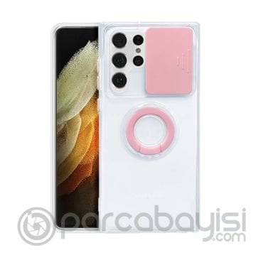 SM Galaxy S22 Ultra Kılıf Sürgülü Kamera Lens Korumalı Yüzük Standlı Silikon Kılıf
