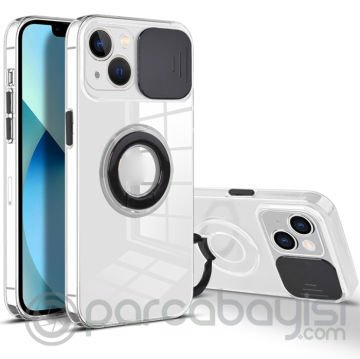 Ally iPhone 13 Mini 5.4inç Kılıf Sürgülü Kamera Lens Korumalı Yüzük Standlı Silikon Kılıf