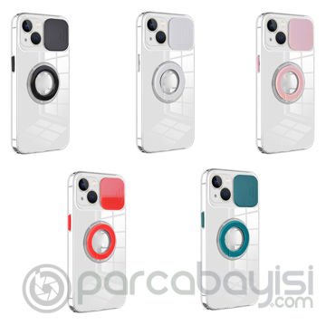 Ally iPhone 13 Mini 5.4inç Kılıf Sürgülü Kamera Lens Korumalı Yüzük Standlı Silikon Kılıf