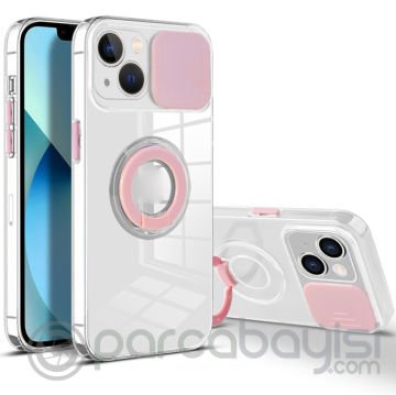 Ally iPhone 13 Mini 5.4inç Kılıf Sürgülü Kamera Lens Korumalı Yüzük Standlı Silikon Kılıf