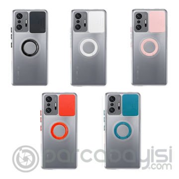 Ally Xiaomi 11T - 11T Pro 5G Kılıf Sürgülü Kamera Lens Korumalı Yüzük Standlı Silikon Kılıf
