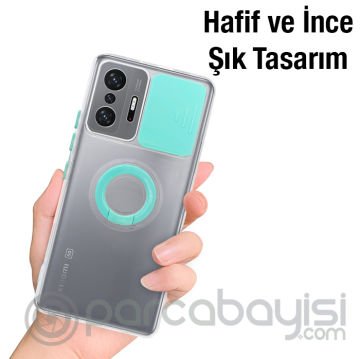 Ally Xiaomi 11T - 11T Pro 5G Kılıf Sürgülü Kamera Lens Korumalı Yüzük Standlı Silikon Kılıf