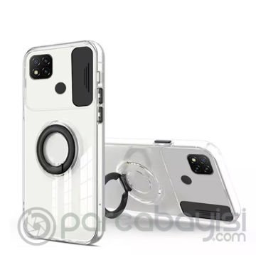 ALLY Xiaomi Redmi 9C Kılıf Sürgülü Kamera Lens Korumalı Yüzük Standlı Silikon Kılıf