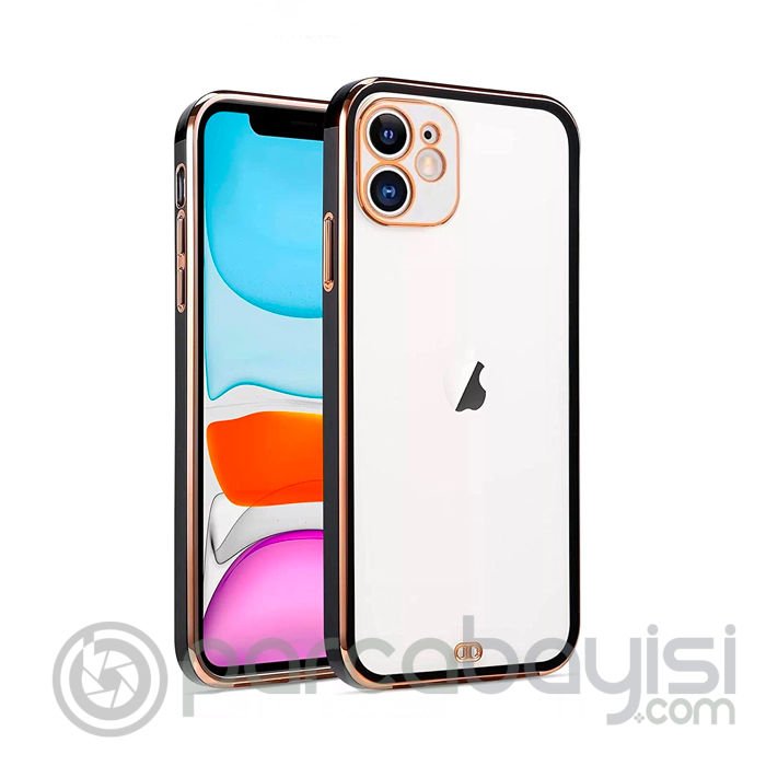 iPhone 12 6.1inç Gold Çerçeve Kamera Korumalı Silikon Bumper Kılıf