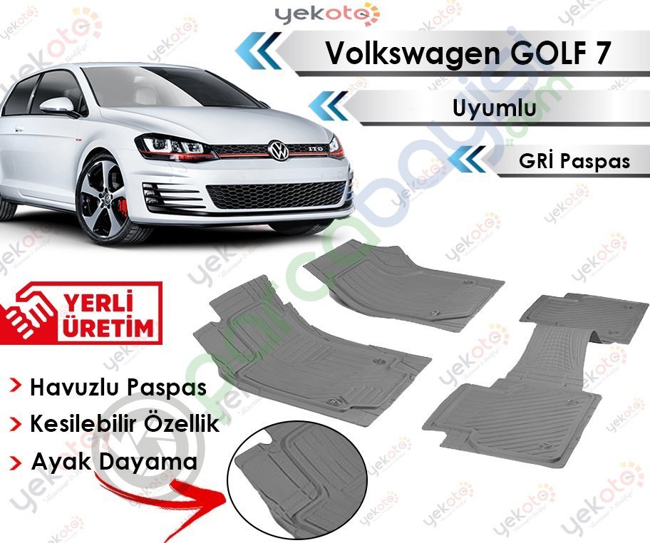 Volkswagen Golf 7 Uyumlu Havuzlu Kesilebilir Gri Paspas