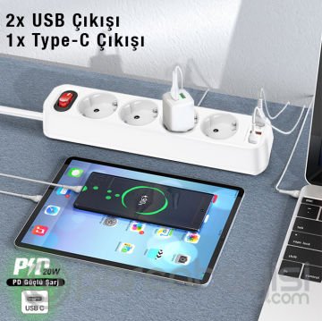HOCO NS1 4lü Priz 2 USB 1 Type-C PD 20W 1.8 Metre Hızlı Şarj Uzatma Kablosu Akım Korumalı