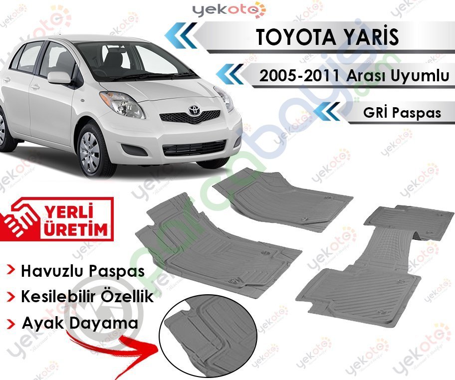 Toyota Yaris 2005-2011 Arası Uyumlu Havuzlu Kesilebilir Gri Paspas