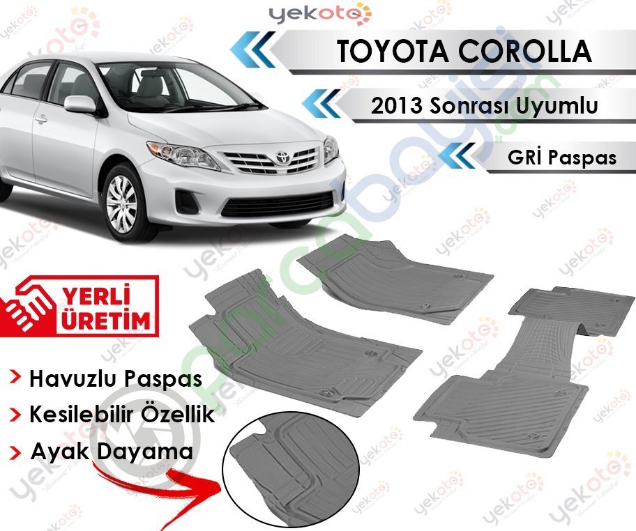 Toyota Corolla 2013 Sonrası Uyumlu Havuzlu Kesilebilir Gri Paspas