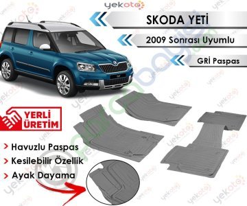 Skoda Yeti 2009 Sonrası Uyumlu Havuzlu Kesilebilir Gri Paspas