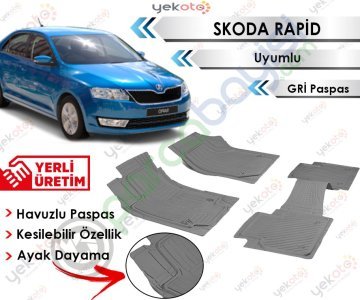 Skoda Rapid Uyumlu Havuzlu Kesilebilir Gri Paspas