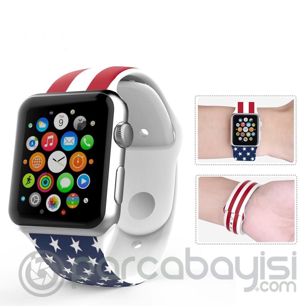 Ally Apple Watch 7-8 45mm 6-5-4 44mm Kordon Kayış Amerika Bayrak Desenli Kordon 3-2-1 42mm