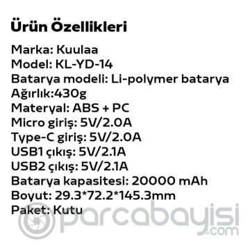 KUULAA 20000mAh Hızlı Şarj Power Bank Çift Güç Bankası QC 3.0 PD 3.0